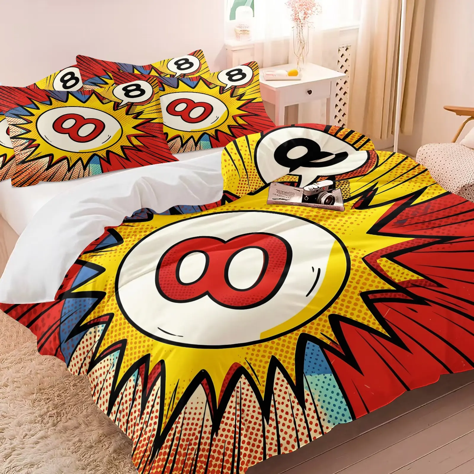 American Pop Art 8 Billiard Theme Duvet Set, 1 Duvet and 1-2 Coreless Pillowcases, Pop Art Comic Explosion Box & Lucky Black 8 Ball Design, Comfortable Soft, Retro Energetic Trendy Style Bedroom Decor