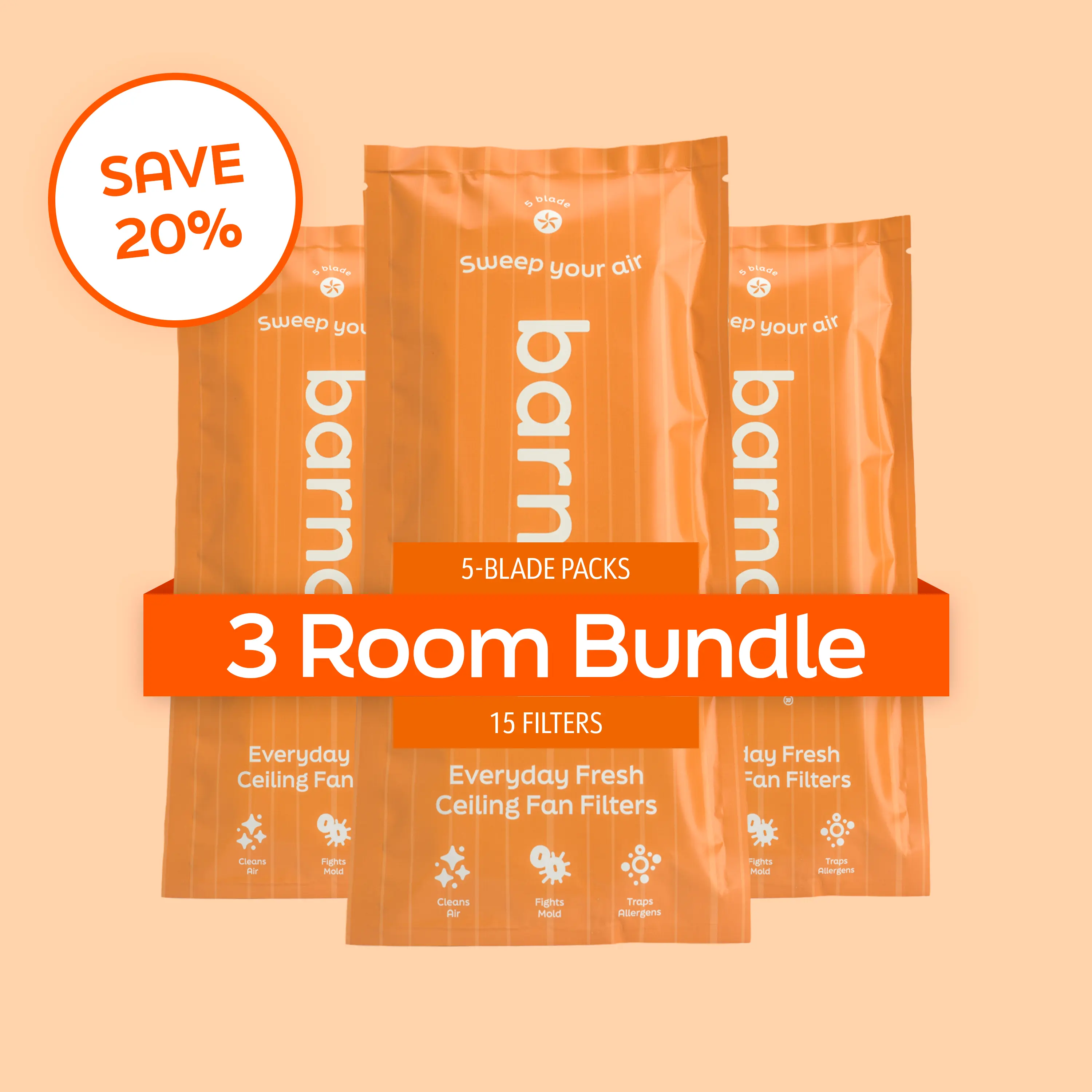 Barnakl Air Purifier Unscented Ceiling Fan Filter - Save 25% on 3 Room 5pc Bundle - 15 Filter Pieces Total