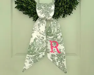 Monogrammed Green Toile Wreath Sash for Front Door - Personalized Embroidered Fall Chinoiserie Home Decor