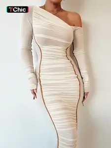 Women's Striped Ruched Asymmetrical Neck Bodycon Dress, Elegant Long Sleeve Dress for Parties, Clubs and Dates, Women's Clothing for Spring & Fall
