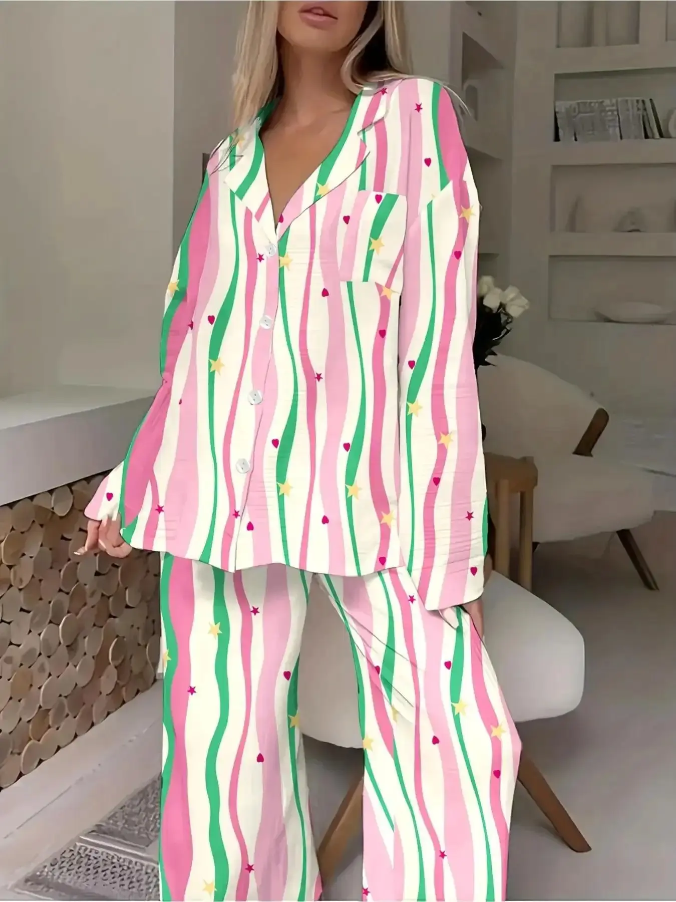 Women's Essential 2pcs Pajama Set Star & Stripe Button-Front Pajamas - Long Sleeve Nightgown with Matching Pants Pattern Style, Machine Washable Sleepwear for all-Season Cozy Nights, Elegant Bedwear System for s Print