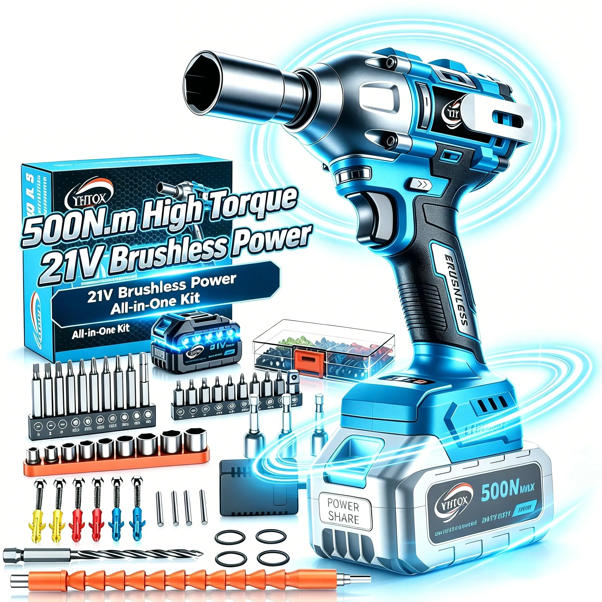 21V Brushless Impact Wrench, 500N.M High Torque Cordless Impact Gun with 2 Pack 6000mAh Lithium Batteries, Portable Power Tool for Car, Truck Tire Repair