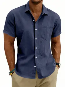 Men's Linen Polyester Short Sleeve Shirt, Button-Down Casual Top with Chest Pocket, Breathable Summer Shirt, Multicolor Options, All Seasons Wear