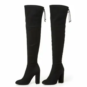 High-Know Suede Boots: Black Over-the-Knee with Chunky Heel and Drawstring Detail for Style and Comfort