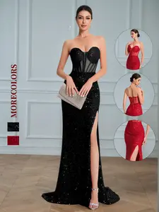 Elegant Chic Sequin Mermaid Prom Evening Dress, Womenswear High Slit Backless Design, Fit Sleeveless Ruched Party Gown, Perfect for Formal Events