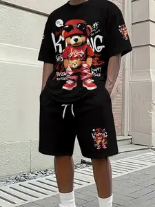 Men's Spring and Summer Casual Short-Sleeve Set, Hip-Hop Bear Print Trendy Fashion Short-Sleeve Set, Vacation-Style Trendy Outfit, Breathable Sporty Casual Style, Perfect Gift for Men on Festivals