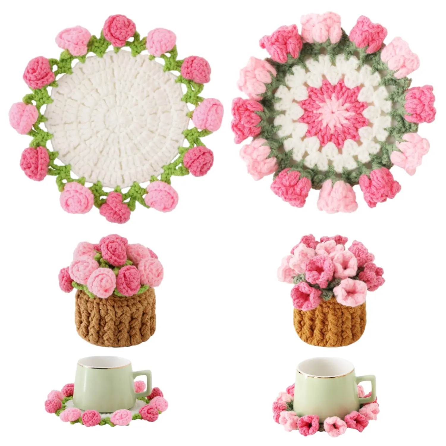 2PCS Crochet Flower Coasters, Handmade Bouquet Coasters with Crochet Plant Pot, Fun Soft Decorative Rose Drink Coasters for Coffee Tabletop Protection and Home Office Car Decoration