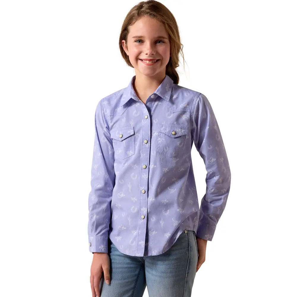 10073448 Ariat Girls' Western Motifs Long Sleeve Snap Shirt - Western Lavender