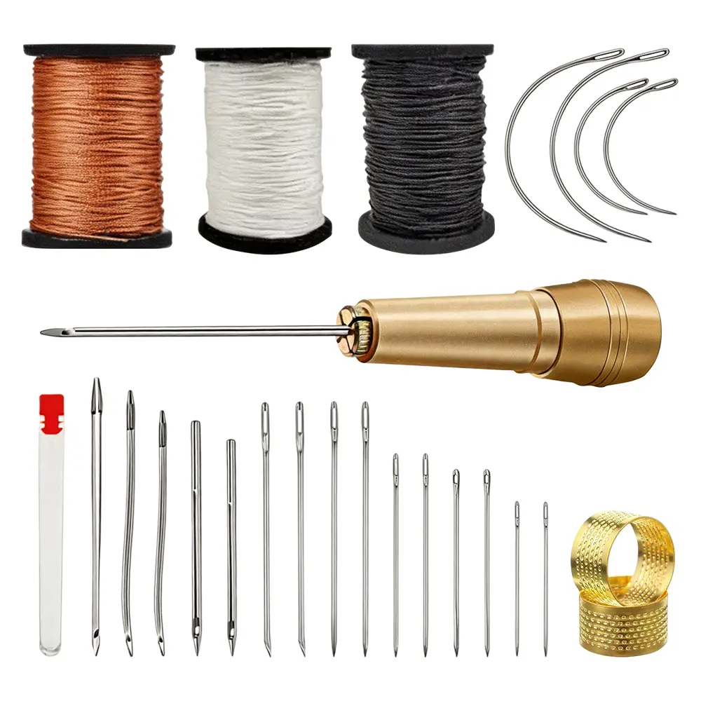 6PCS Leather Sewing Awl Needle with Copper Handle, Upholstery Repair Kit 3 Rolls 50m Nylon Cord Thread, 2PCS Thimble and 14PCS Sewing Needles, for Handmade Leathercraft Sewing Tools Shoes Repair