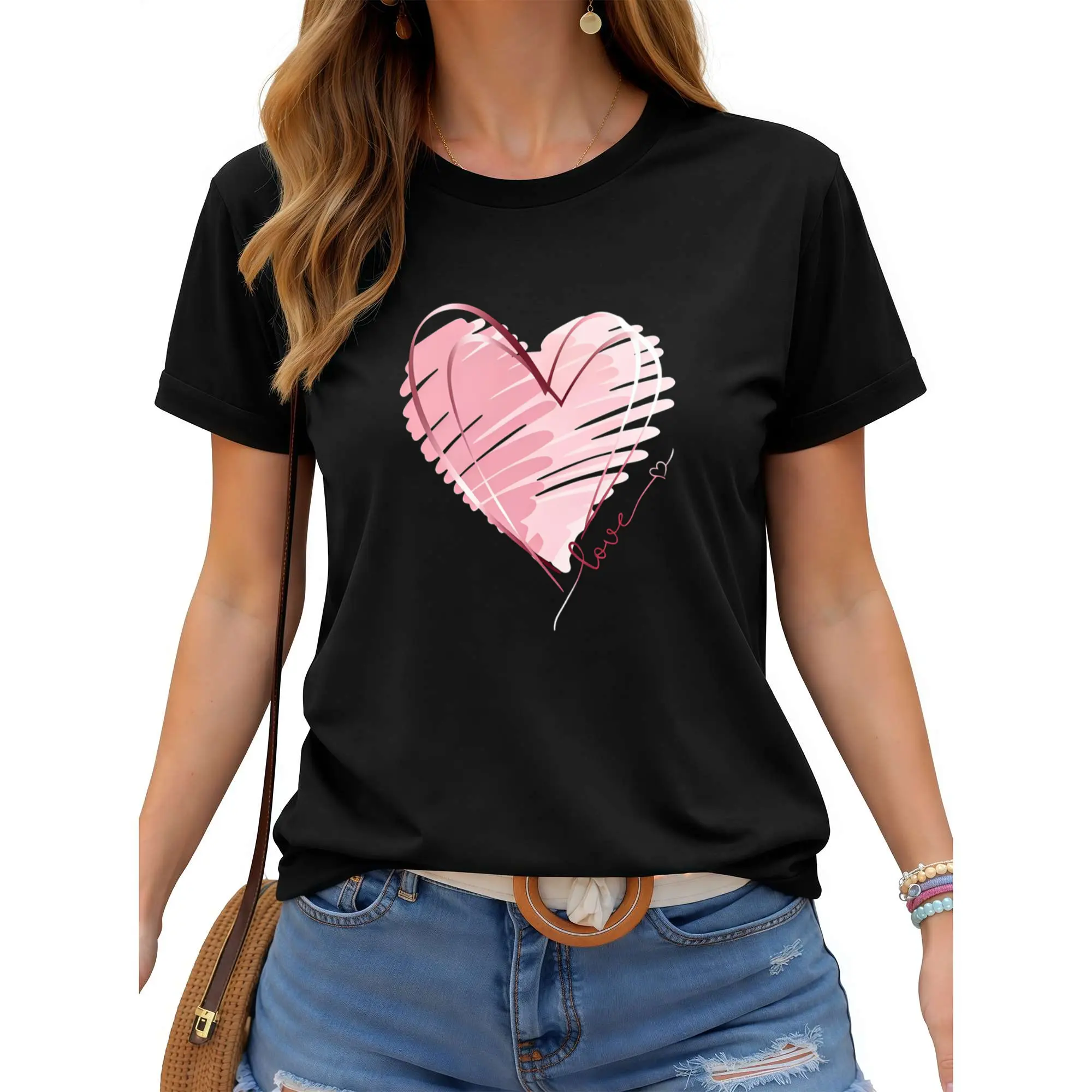 Women's 100% Cotton Short-Sleeve Round Neck T-Shirt, Inspirational Heart Graphic Print Fabric Top, Casual Everyday Fit