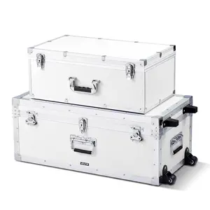 VEVOR Metal Storage Trunk, Summervibes, Set of 2, Wooden Suitcase Storage Boxes with Padlocks, Large Trunk Includes Casters and 3 Metal Handles, Decorative Store Chest with Lids for Travel, Apartment, Dorm, White