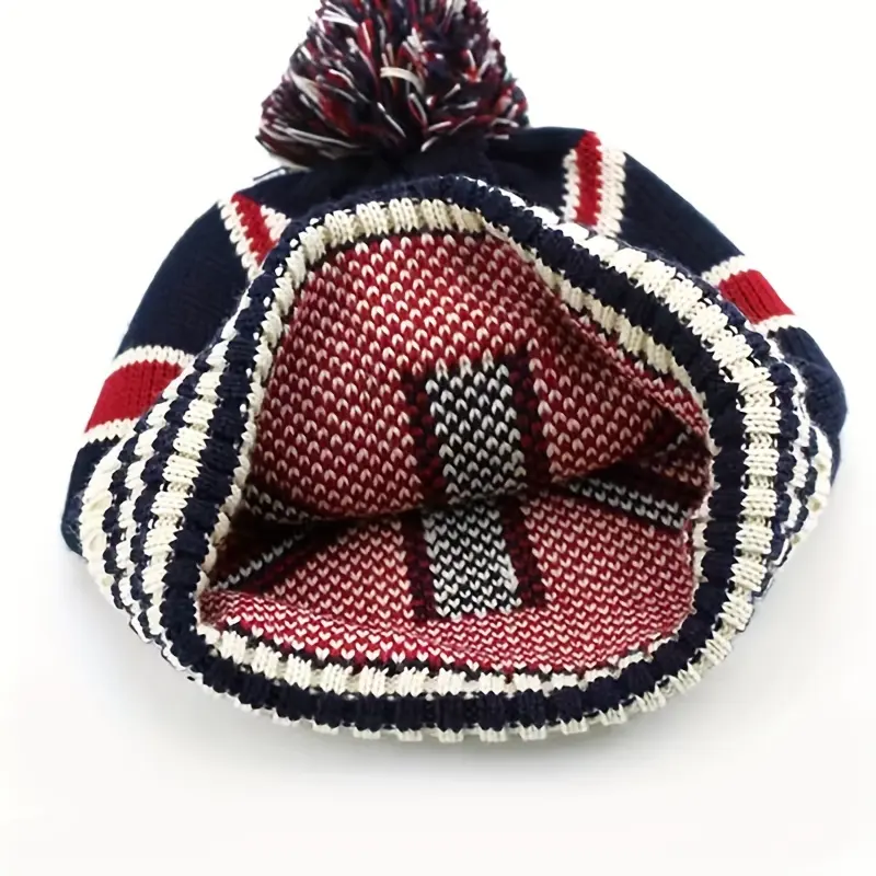 100% Acrylic Casual Knitted Beanie with British Flag Motif - Warm Winter-Autumn Fashion Accessory Hat