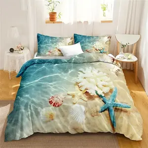 Ocean Themed Bedding Set for Boys & Girls, Includes Duvet Cover & Pillowcases, Natural Coastal Design, Blue Beach Theme, Kids Bedroom Essentials, Matching Bedding