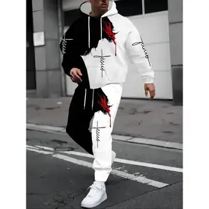 Men's 3D Print Casual Sportswear Set, Long Sleeve Hoodie & Pants, Polyester Blend, Ideal for Gym & Training