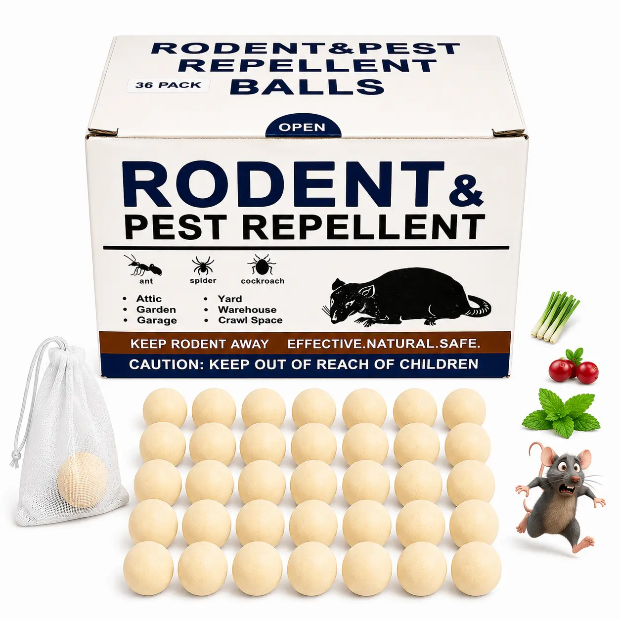 Rodent Repellent 36 Pack, Natural Mouse Repellent Ball Peppermint, Mice Repellent for Indoor & Outdoor, Long-Lasting Rodent Repellent Pouches for Patio/Home/Garage/Garden - Pets Safe