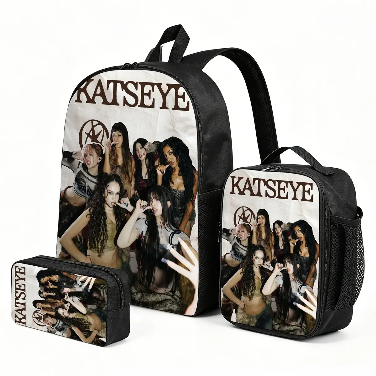 Katseye Kids 3-Piece Cartoon Graphic Backpack Set - Holiday Gift Combo with Large Capacity Bookbag, No Wheels Lunch Box, Crossbody/Shoulder Pen Pouch for Boys Girls, Crossbody/Shoulder Bag, Padded Strap, One Size, Unisex