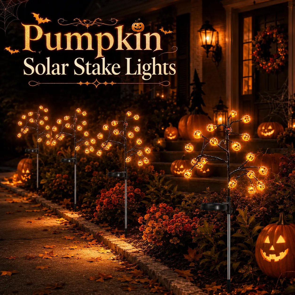 Solar Pumpkin Stake Lights, 20-Head Halloween Garden Lights with 8 Lighting Modes & Auto On/Off, Outdoor Pathway Yard Lawn Decor, 2/4 Pack