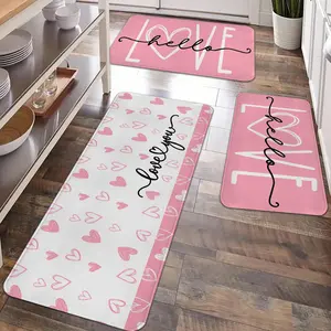 2/3pcs Valentine's Day decoration kitchen carpet, sweet pink stripes paired with white heart print pattern carpet, non slip, soft, comfortable, easy to clean, suitable for bedroom, living room, kitchen, bathroom entrance floor mats, Home Decorative Rug