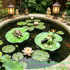 Resin Floating Frog Turtle Lotus Leaf Statue, Retro Pond Decor, Garden Ornament, Water Feature Decoration, Outdoor Sculpture