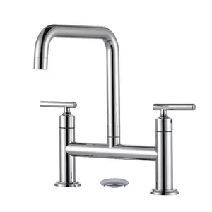 WOWOW Double Handle 2-Hole Solid Brass Bridge Kitchen Faucet with 360° Rotation Spout in Polished Chrome