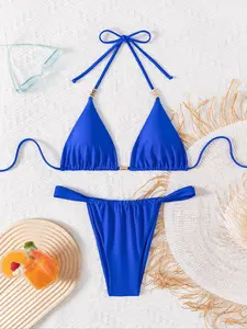 Women's Solid Tie Back Bikini Set, Casual Fashion Swimsuit for Beach Holiday Vacation, Ladies Swimwear for All Seasons, Solid Color Bikini, Summer Beach Bikini