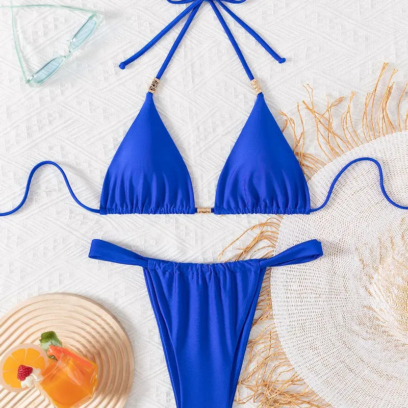 Women's Solid Tie Back Bikini Set, Casual Fashion Swimsuit Bathing Suit for Beach Holiday Vacation, Ladies Swimwear for All Seasons, Summer Swimsuits, Solid Color Bikini, Summer Beach Bikini, Bikinis Set