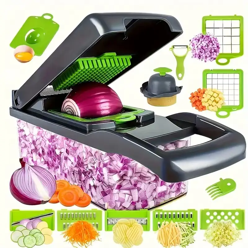 HOMEFINESSE 16-in-1 Multifunctional Vegetable Chopper with 8 Blades Portable Stainless Steel Cutter for Salad Garlic & More Kitchen Gadgets Cooking Ki