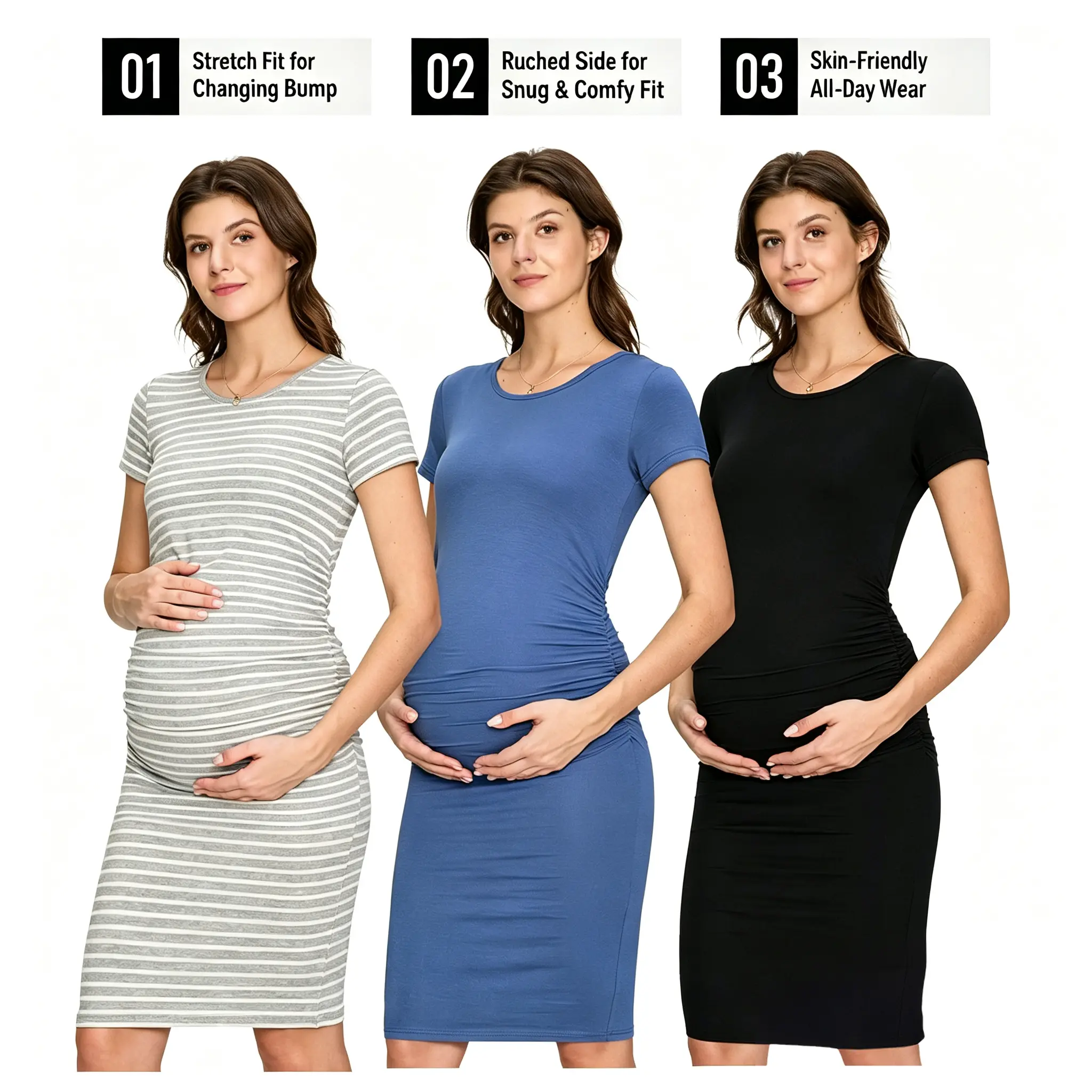 MIRAZEN Women's Casual Short Sleeves Maternity Dress, Solid Ruched Bodycon with Crew Neck for Summer Pregnancy