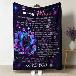 Letter To Mom Butterfly Pattern Flannel Blanket 1 Count Soft Comfortable Warm Throw 50x60 Love Message Starry Design Nap Blanket for Home Sofa Bed Travel Air-conditioned Room Winter Gift for Mom