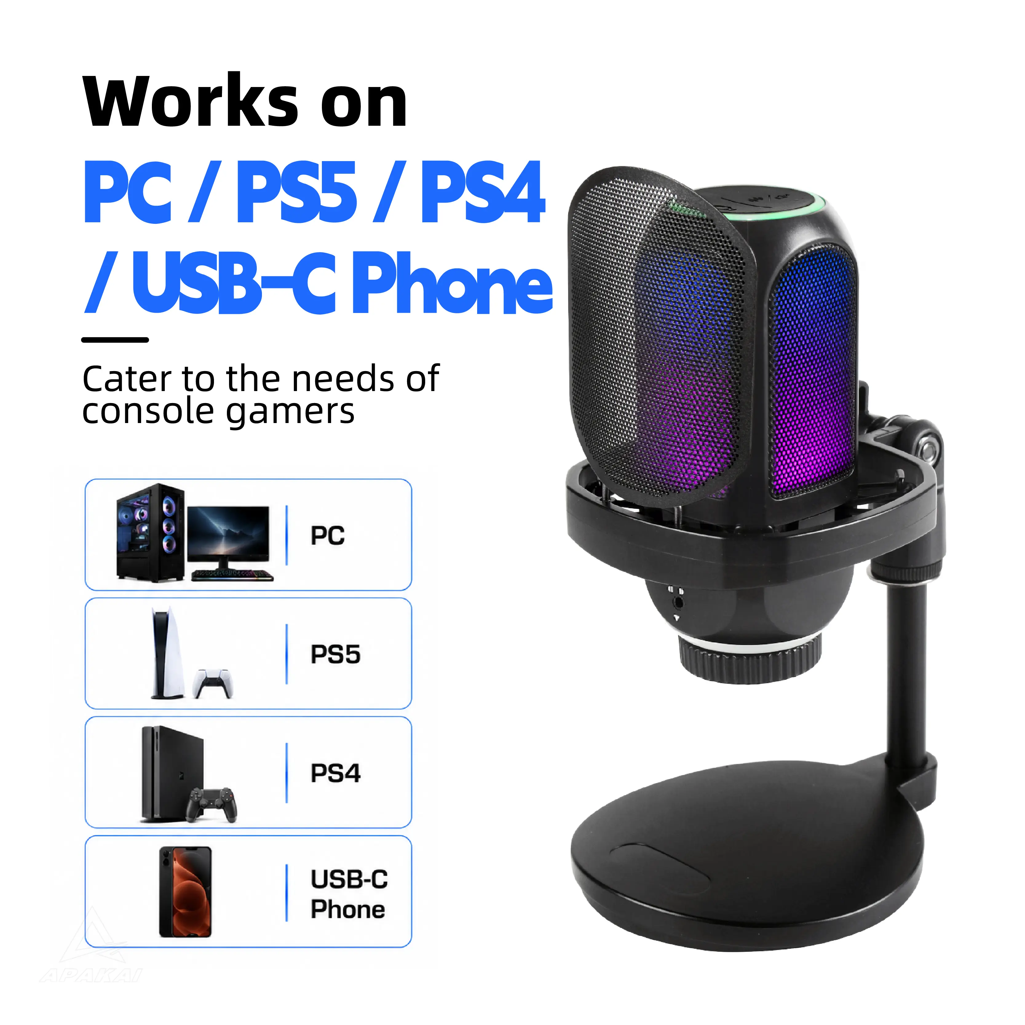APAKAI 001 USB Microphone for PC Gaming: Condenser Microphone RGB for Gamer with Stand Mic - Recording Mic for Computer&Laptop, Phone, PS4/PS5 with Quick Mute - Desk Podcast Mic for Podcast & Singing & Streaming & Youtube Black