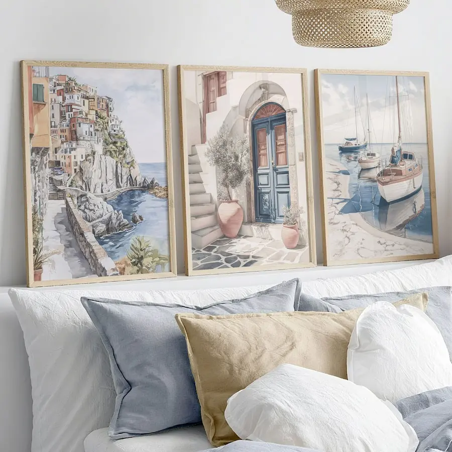 3 Piece Watercolor Mediterranean Canvas Wall Art, Italian Cinque Terre, Blue Door and Sailboat, Bohemian Home Decor, Frameless