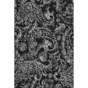 HomeRoots 666975 Faux Area Rug, 3x5 ft. Black & Silver Paisley Machine-Made Rectangle Rug with Washable Feature & UV Protection, Faux Area Rugs