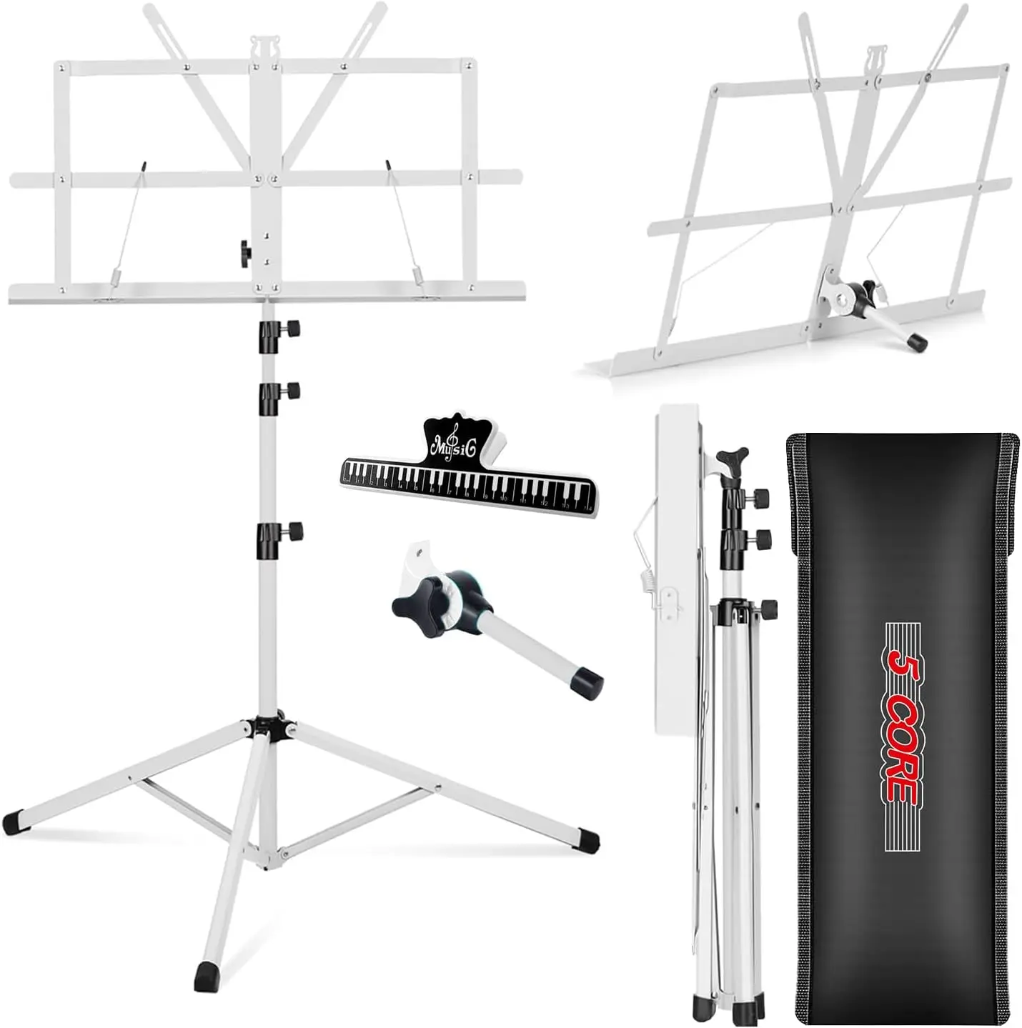 5 Core Portable Sheet Music Stand Set, Dual-Use Desktop Book Holder, Folding Lightweight Adjustable 67" Tripod, with Carrying Bag & Clip for Students, General Music-Making Accessories (White), Stand Set General Music-Making Accessories