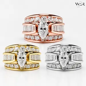 Marquise Center Stone Baguette Round Side Sparkling Multi Band Wedding Engagement Bridal Ring Set Rose Gold Yellow Silver Tone for Women Proposal Gift