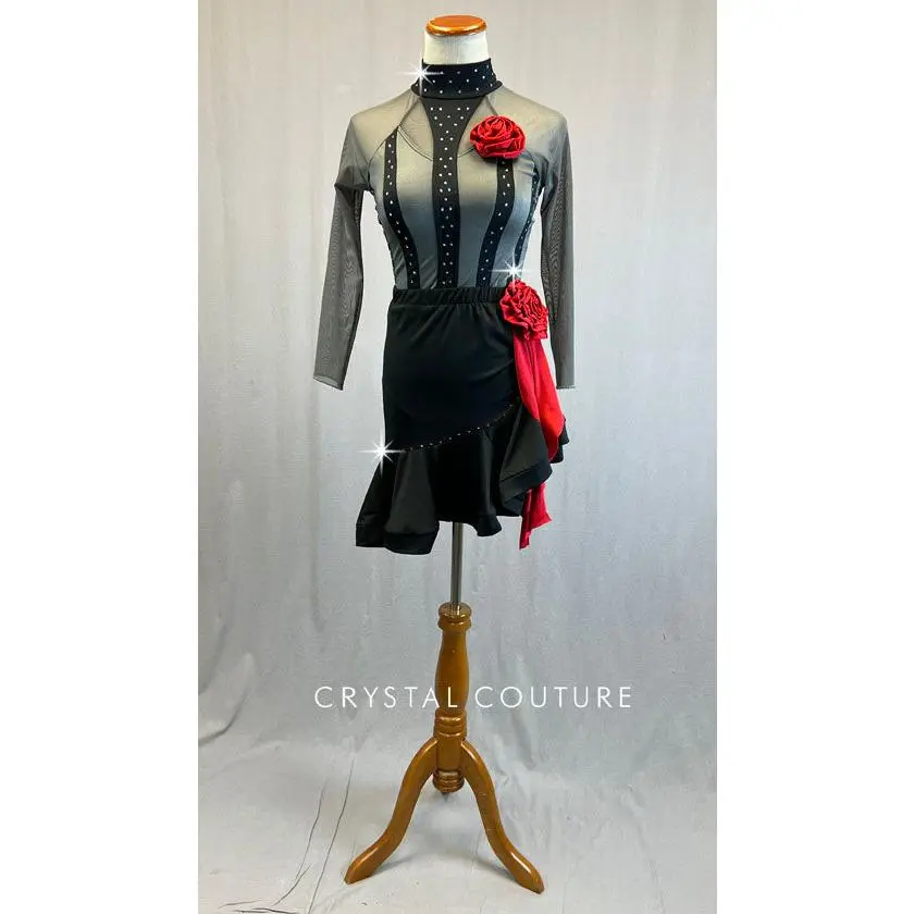 Grey & Black Leotard with Ruffle Hem Salsa Skirt - Rhinestones