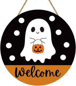 Halloween Decorations Halloween Wreath Cute Ghost Front Door Decorations Hanging Sign Welcome Sign Wooden Front Door Hanger for Wall Indoor Home Decor
