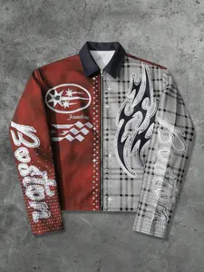 Men's Y2K Vintage Patchwork Zipper Jacket, Distressed Plaid Star/fire Print, Breathable Fabric, Streetwear Casual Spring & Fall, Fitted