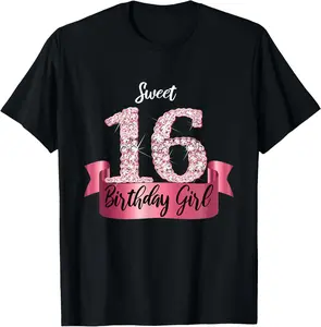 100% Cotton Cute Pink Black "Sweet 16" Style I 16th Birthday Idea T-Shirt