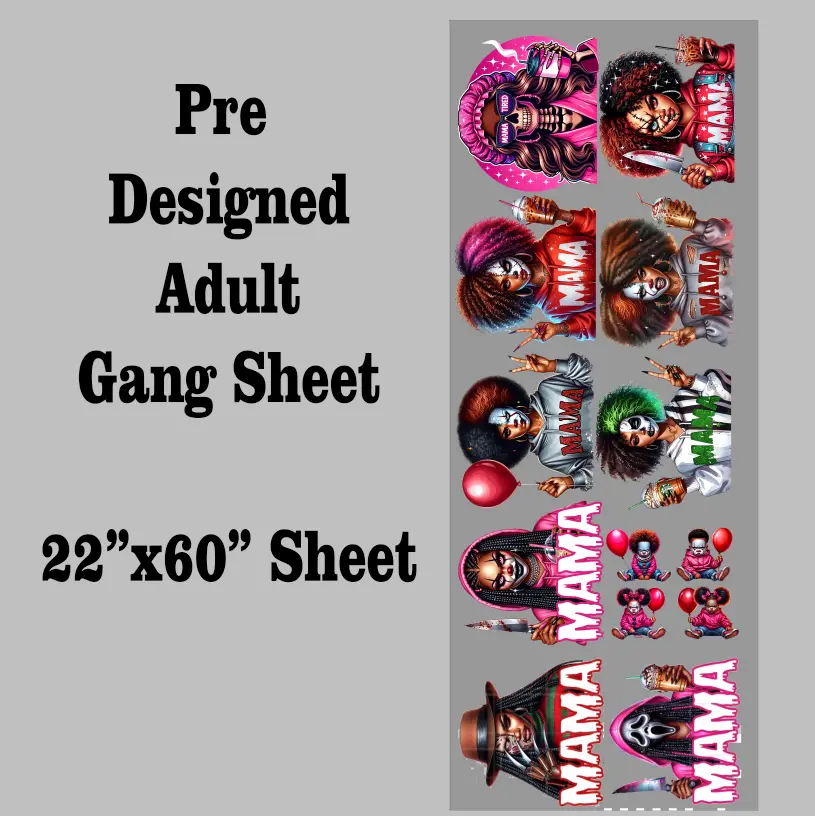 Halloween Horror Mama DTF Transfer Gang Sheet | 22" wide x 60" long DTF Gang Sheet | Ready to Press Tshirt Transfers