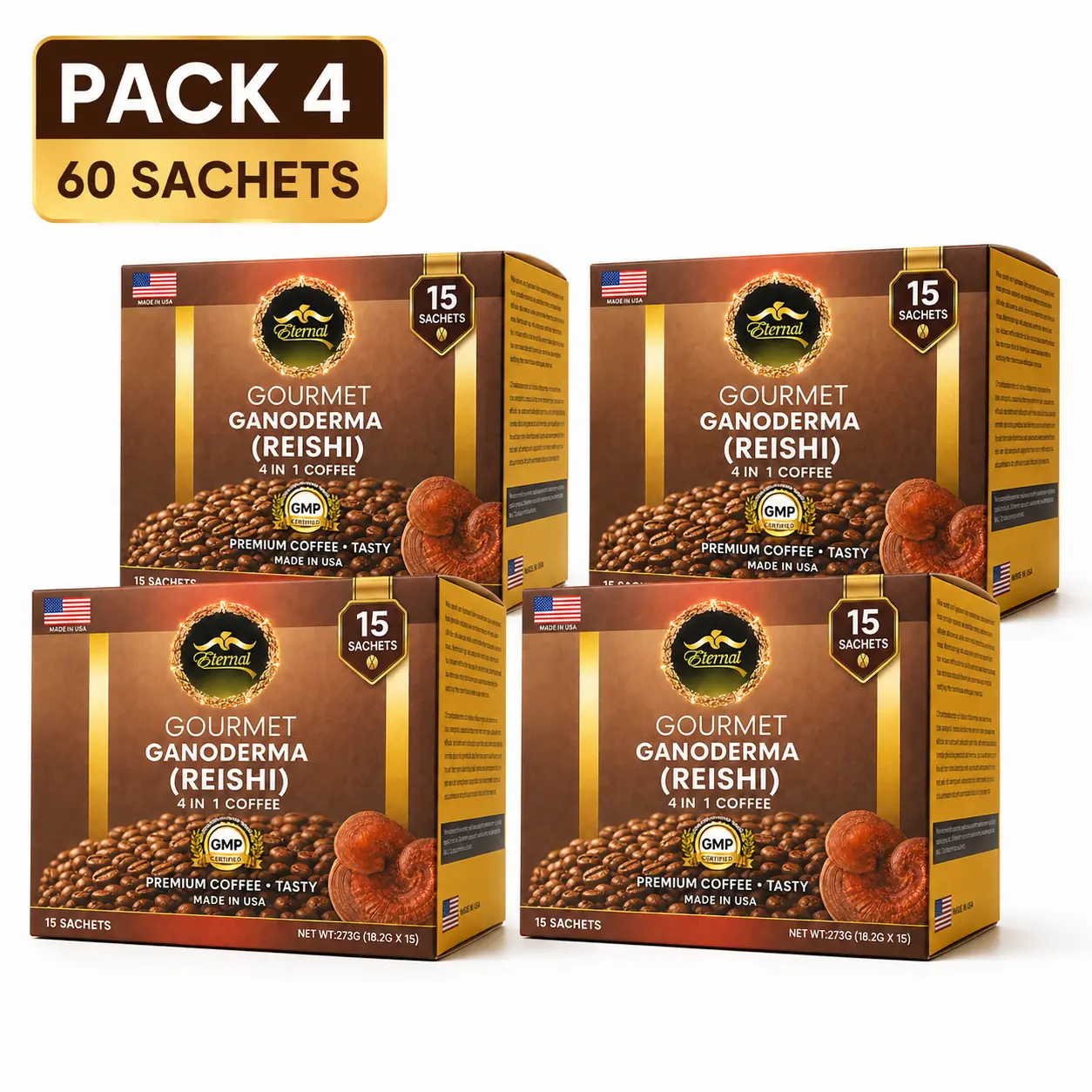Asian Latte Coffee Ganoderma Singles, 15 Packets (0.64 oz) – Instant Coffee Mix with Reishi Mushroom, Creamy Light Roast, Travel-Friendly Sachets, 4 Pack (60 Sachets)