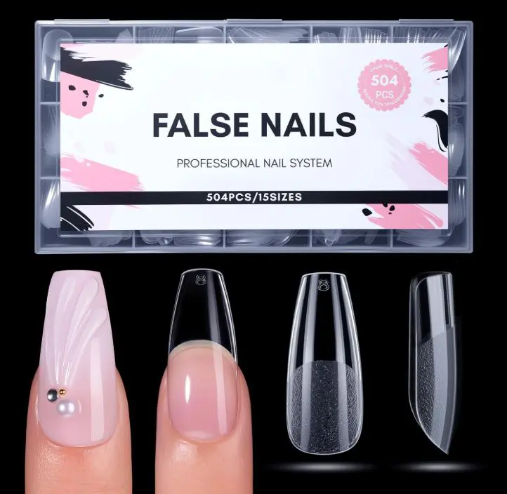 Medium Coffin Nail Tips: 504 PCS Pre-Etched Clear False Nails Tips, 15 Sizes Full Cover Half Matte Soft Acrylic Press On Nail Extensions Supplies Salon and DIY at Home