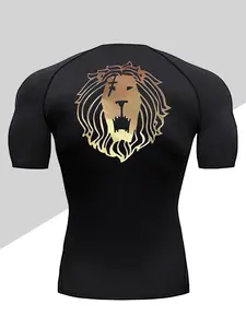 Men's Quick-Dry Compression Sports Tee, Lion Print Short Sleeve, Breathable Sweat-Wicking Fabric, Ideal for Gym Cycling Running Outdoor