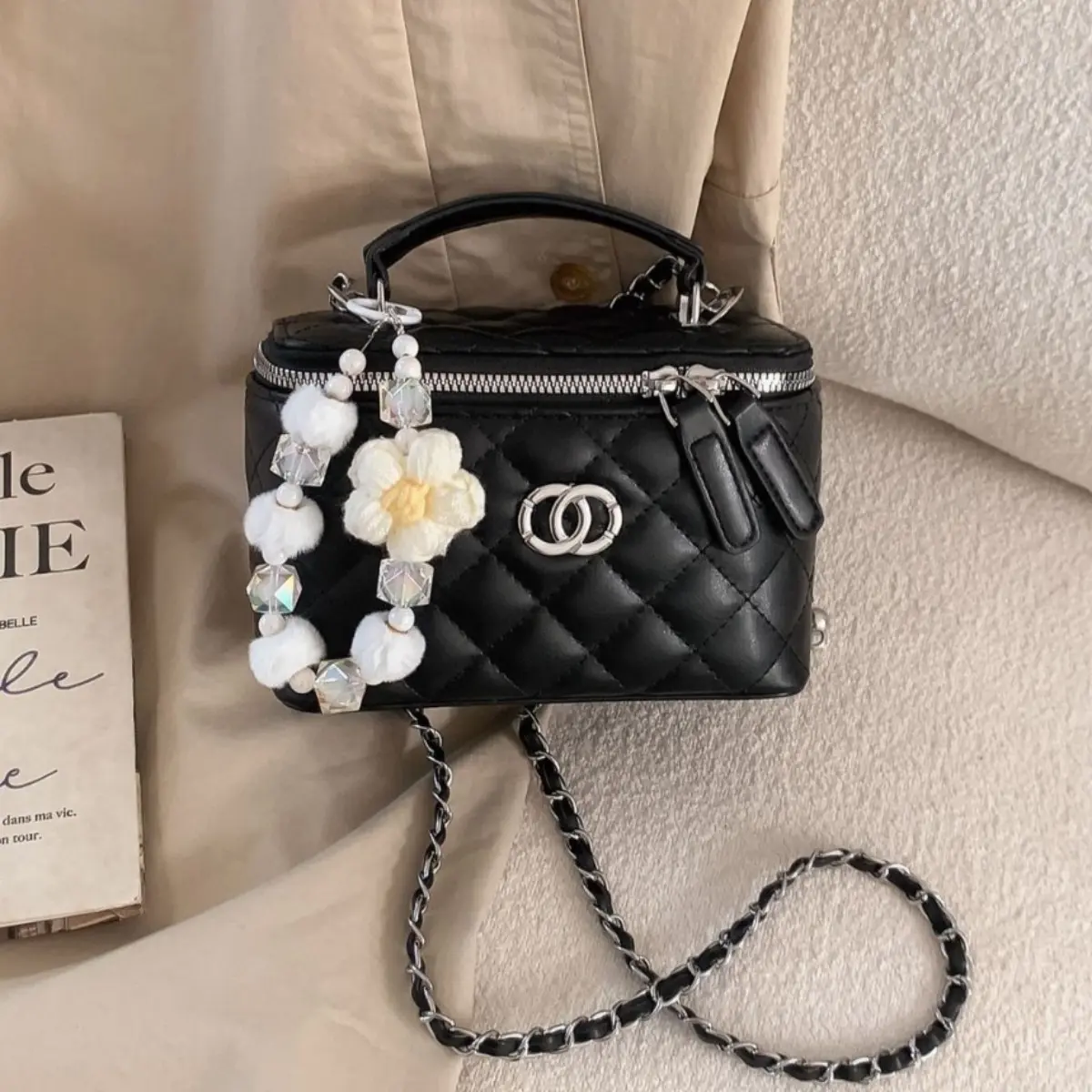 Quilted Box Handbag for Women, Adjustable Chain Strap Crossbody Purse with Flower Charm Mini Makeup Shoulder Bag
