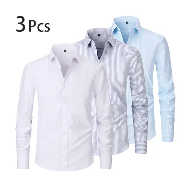 Men’s long-sleeve solid-color turn-down collar striped suit shirt (single-breasted), suitable for weddings/dates, casual breathable style, three-piece set Menswear Longsleeves