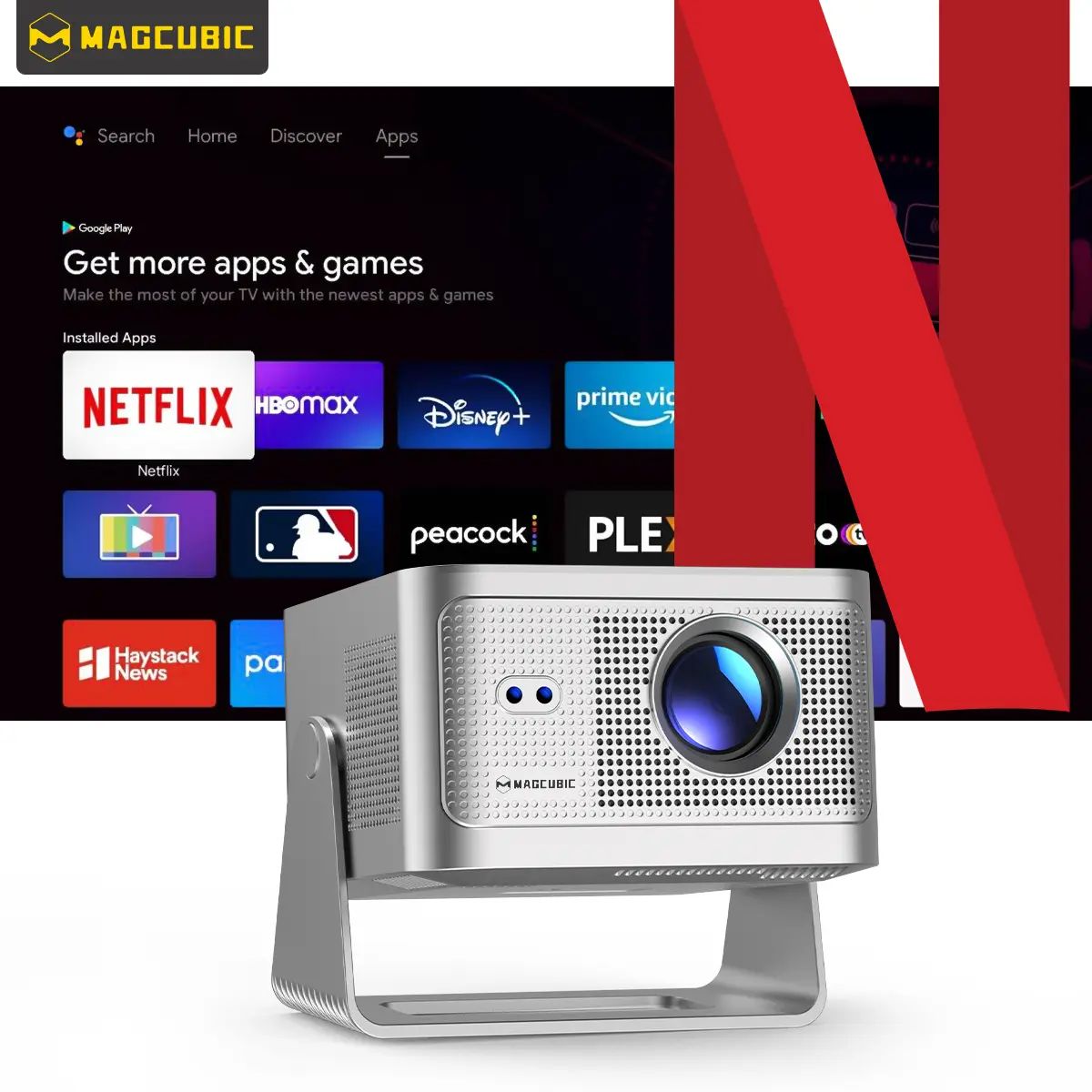 [Google TV stick Bundled] Magcubic HY350GT Projector with Officially Certificated Google TV 900ANSI Dolby Audio(Dongle support) Auto Focus Google Voice Assistant 4K Decode Built-in 15W speaker HDR10+ BT5.1 Dual WiFi Native 1080P Portable Smart Home Cinema