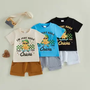 Toddler Baby Little Boys Easter Outfits Chicken Letter Plaid Print Short Sleeves T-Shirt and Rolled Hem Shorts Set 6M-4T
