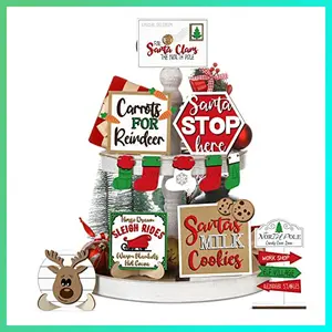 Jetec 12 Pcs Christmas Tiered Tray Decorations Set Christmas Wooden Signs Tiered Tray Decor Xmas Gingerbread Man Snowflakes Pink Gnome Sign Rustic Farmhouse Decor for Home Table Shelf(Classical)