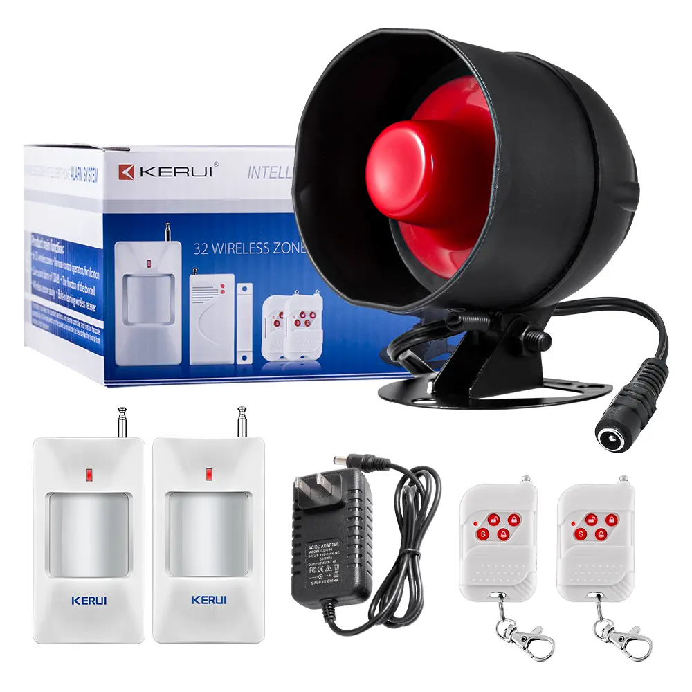 KERUI Wireless Security Alarm Kit Pack, 433 MHz Freq. Strobe Light Siren Horn, 2 Remotes, 2 Motion/Door Alert Sensors for Home Office Warehouse Use (Both Indoor/Outdoor Weatherproof)