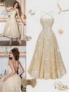 Dessiny Sequined Sleeveless A-Line Mini Dress, Backless Tie Design, Formal Wear Womenswear Fit, Perfect for Homecoming Proms/evening Events, 2026 Collection