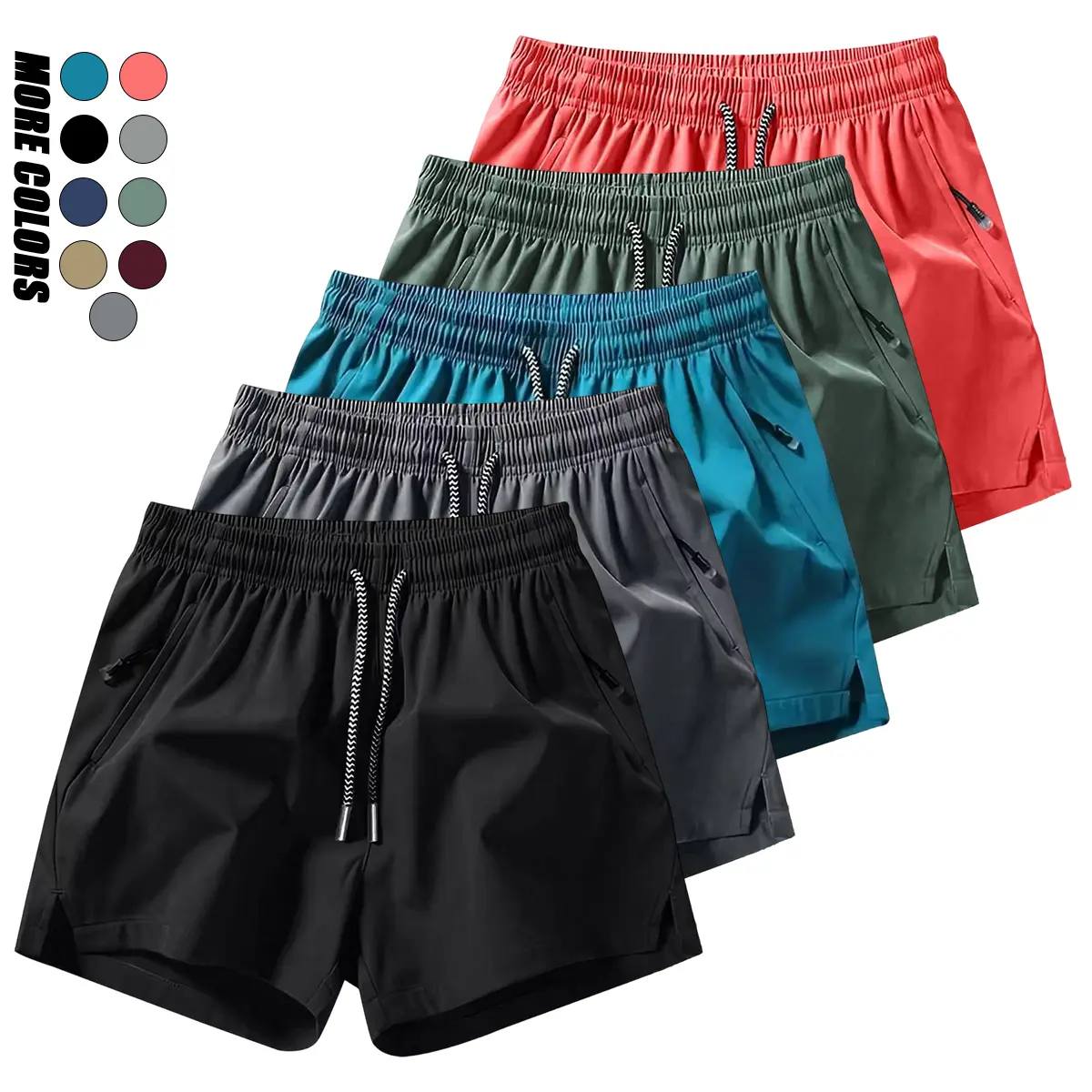 5-Pack Men’s Casual Athletic Shorts, side zipper pockets with drawstring, solid color quick-dry lightweight breathable athletic shorts—essential for fitness training and casual outings